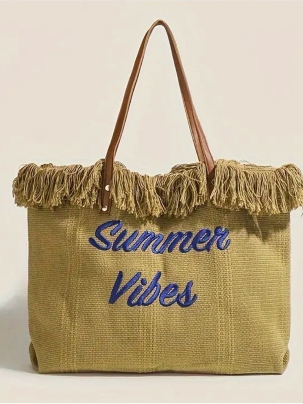Summer Vibes Fringe Trim Tote Bag - Tan with Blue Embroidery